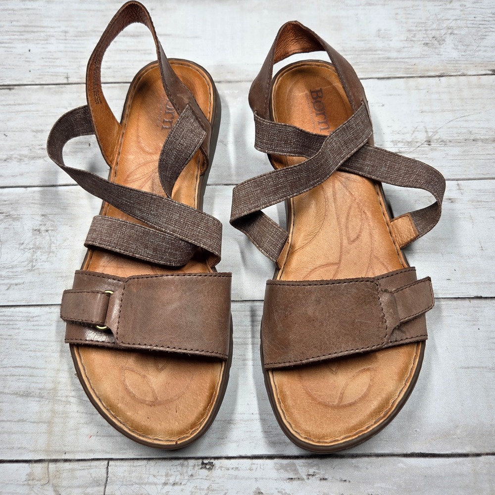 Born Sandals Strappy Slingback Women 9M Brown Leather Elastic Comfort Wedge